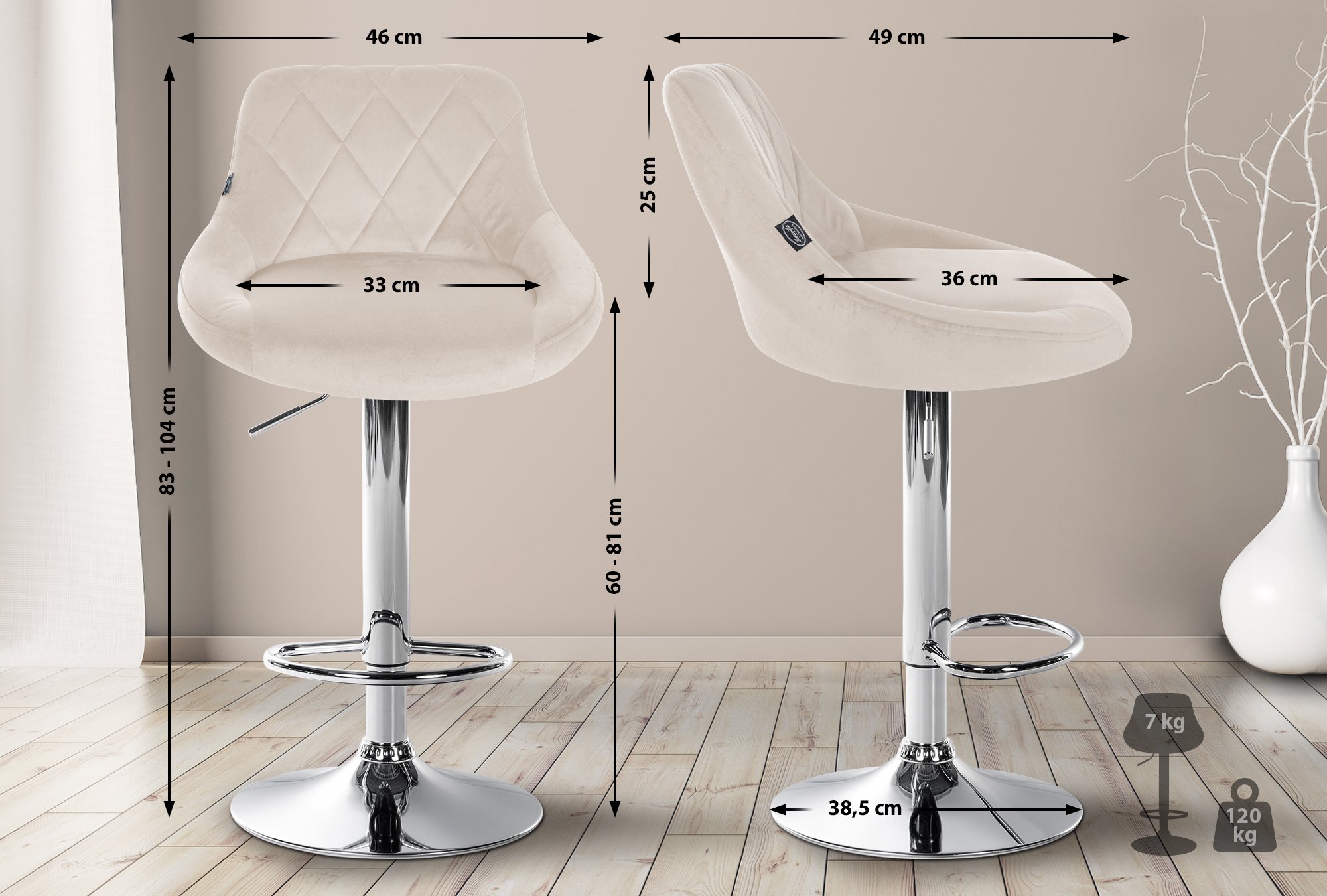 Tabouret de bar Lazio en velours avec pied en métal