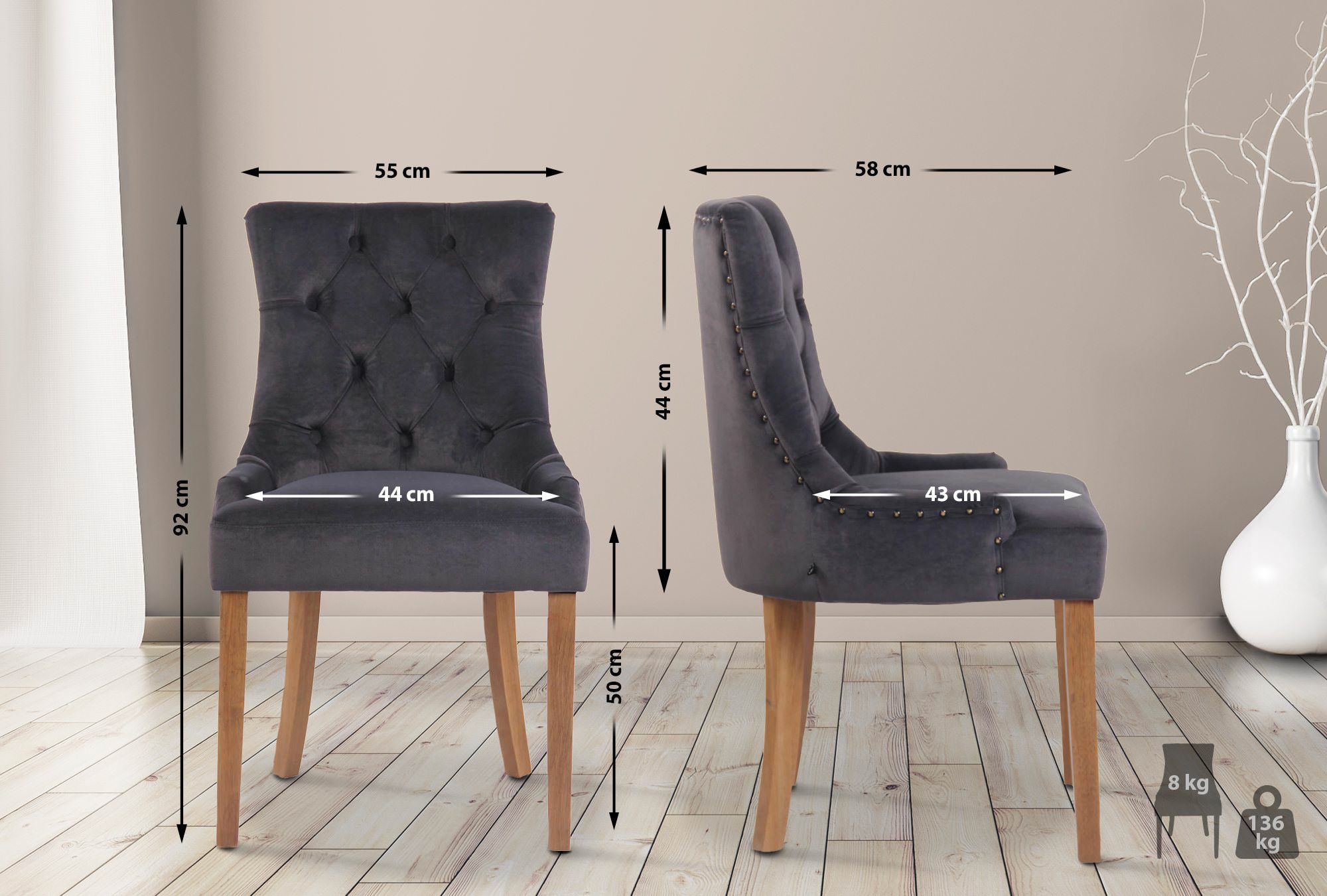 Chaise de salle à manger Aberdeen en Velours avec Piètement en bois d'hévéa