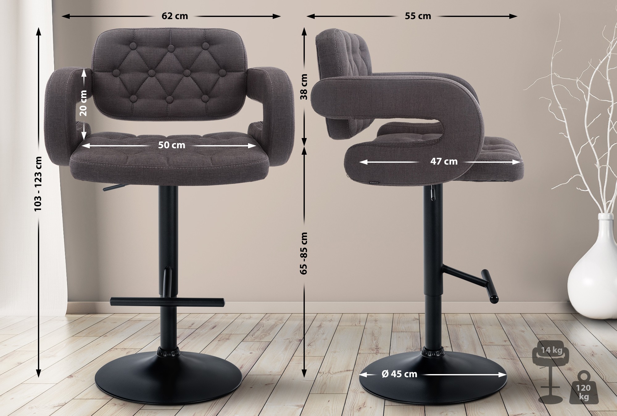 Tabouret de bar Dublin Tissu avec pied en métal