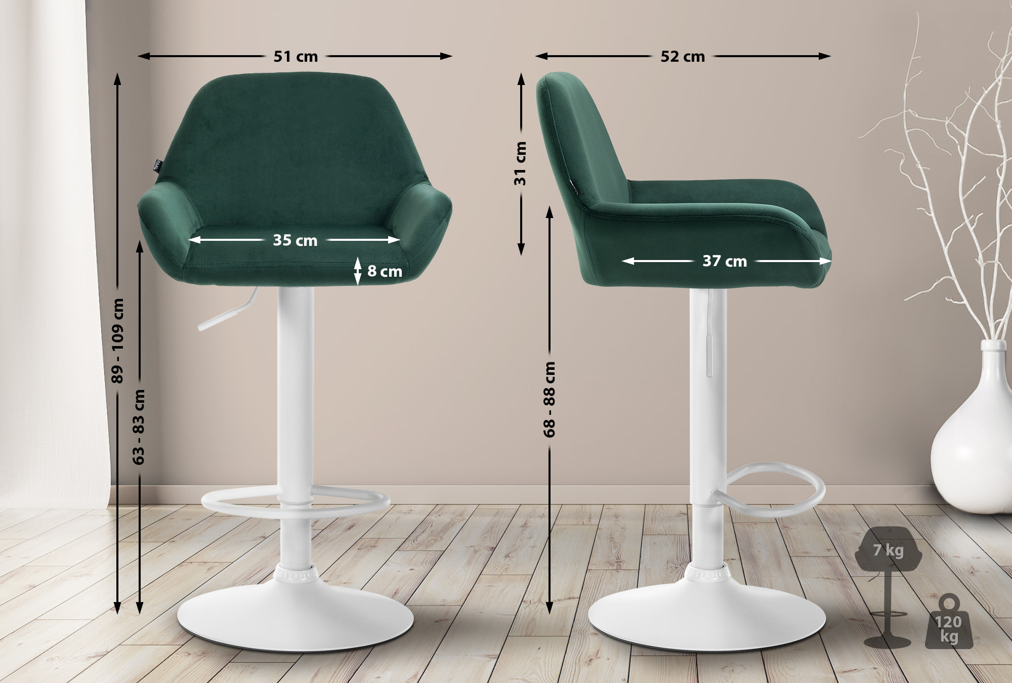 Tabouret de bar Braga Velours avec pied en métal réglable et pivotant