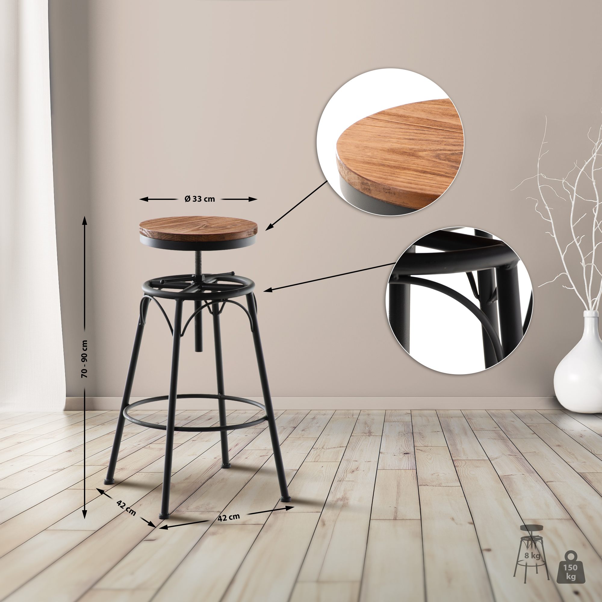 Lot de 2 tabourets de bar Beam avec assise en bois au style industriel