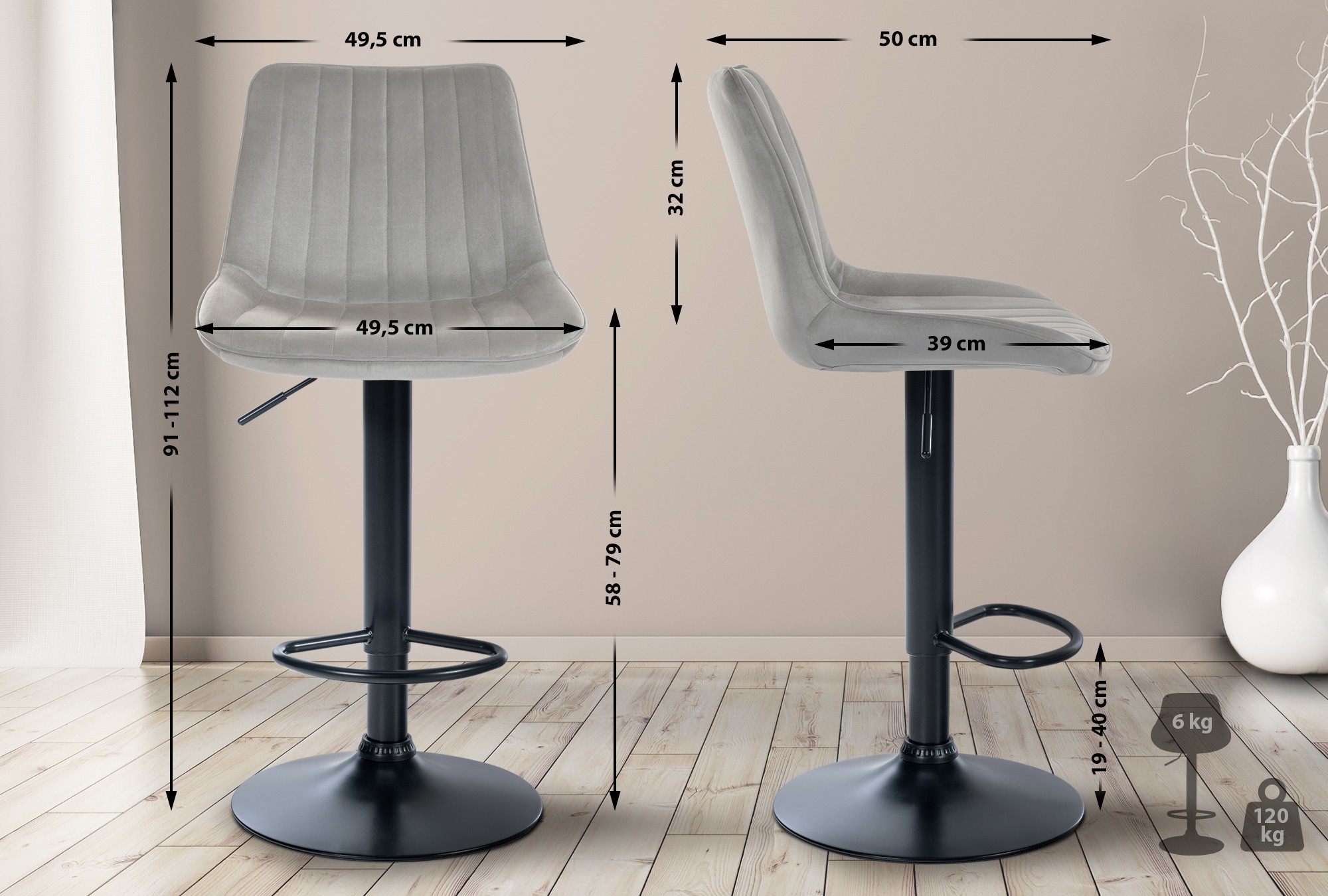 Tabouret de bar Toni en velours