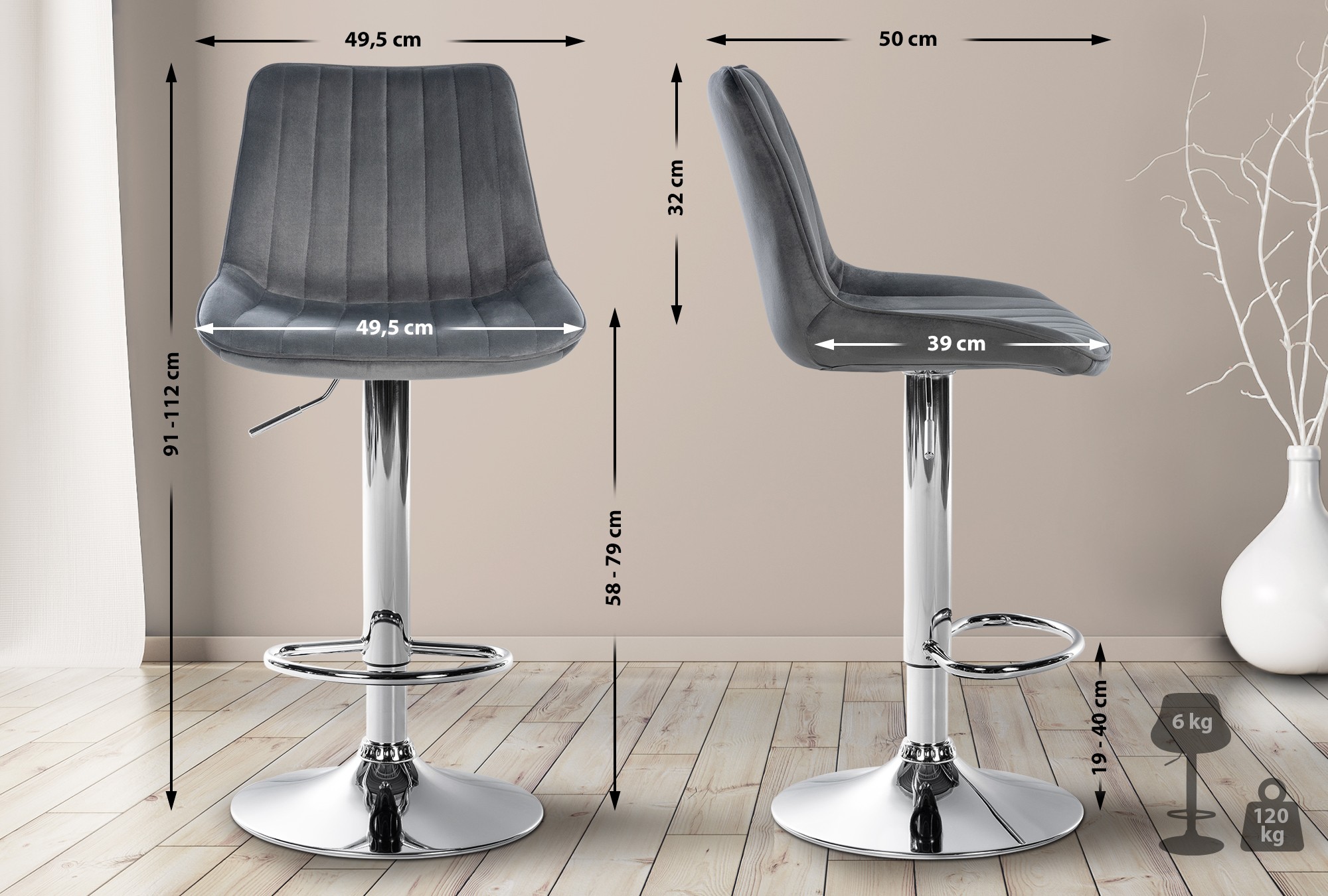 Tabouret de bar Toni en Velours Pied trompette en Métal