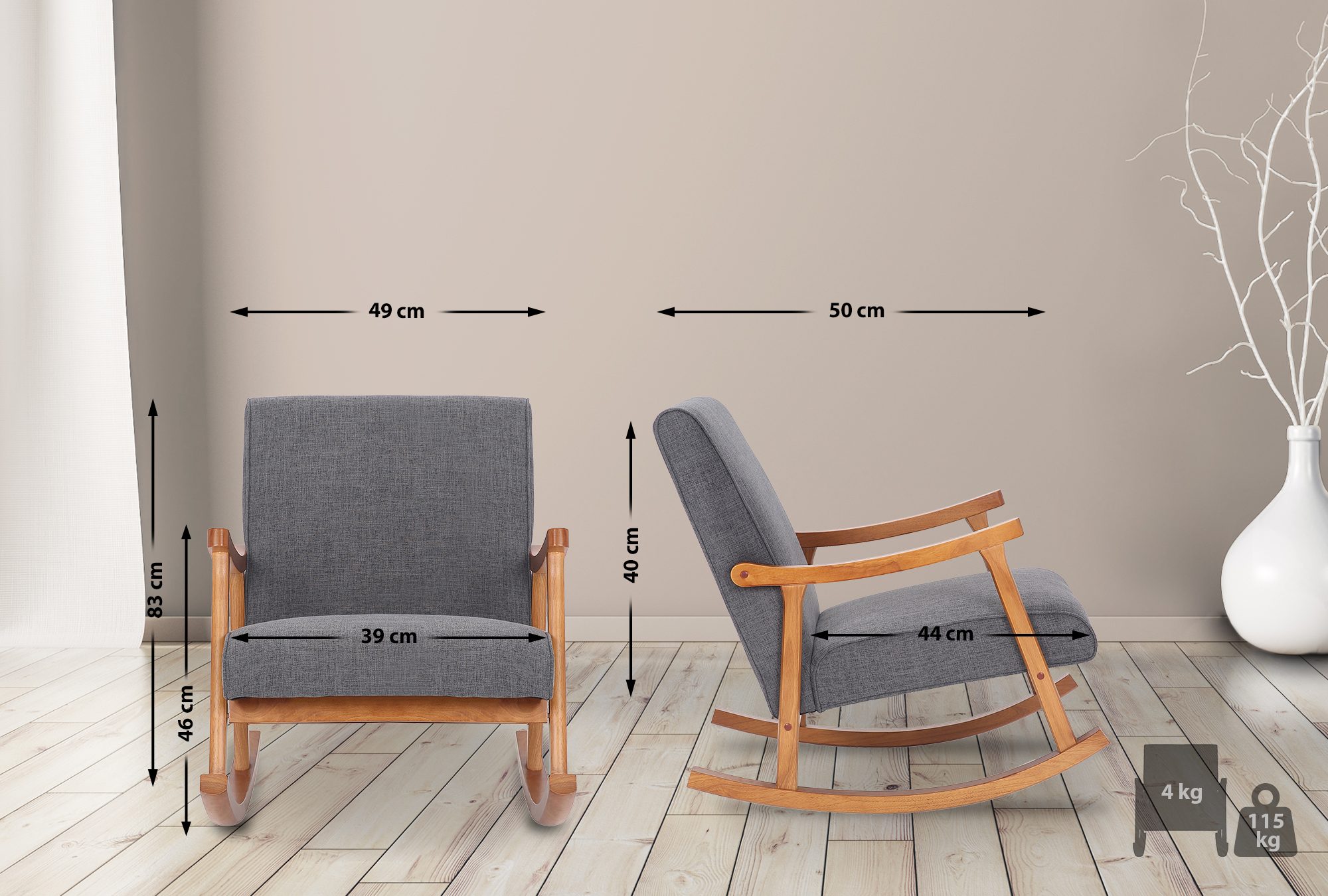 Chaise à bascule Morelia en tissu avec pieds Noyer
