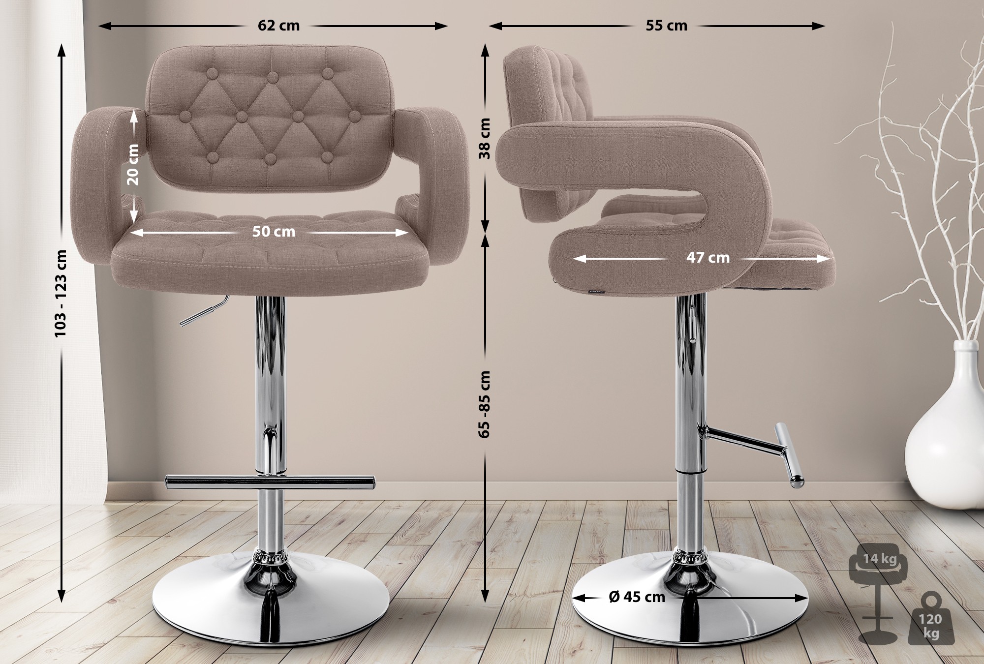 Lot de 2 tabourets de bar Dublin en tissu